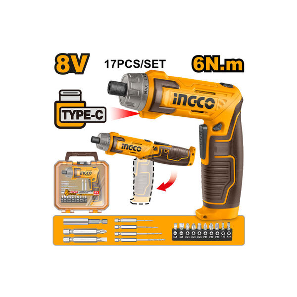 ელექტრო ხრახნდამჭერი კომპლექტში 8V-6N USB-Type-C Li-Ion (CSDLI08025) INGCO